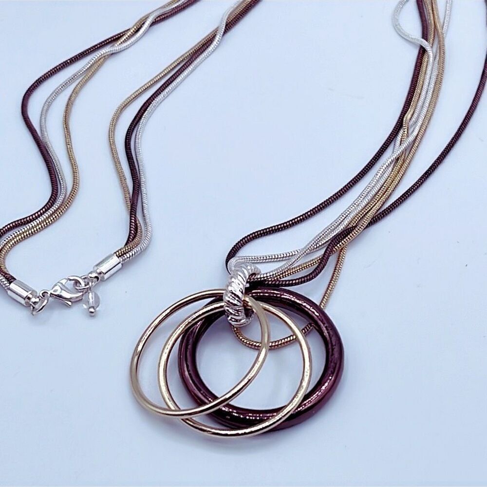 Triple strand mixed metals chains rings pendant necklace